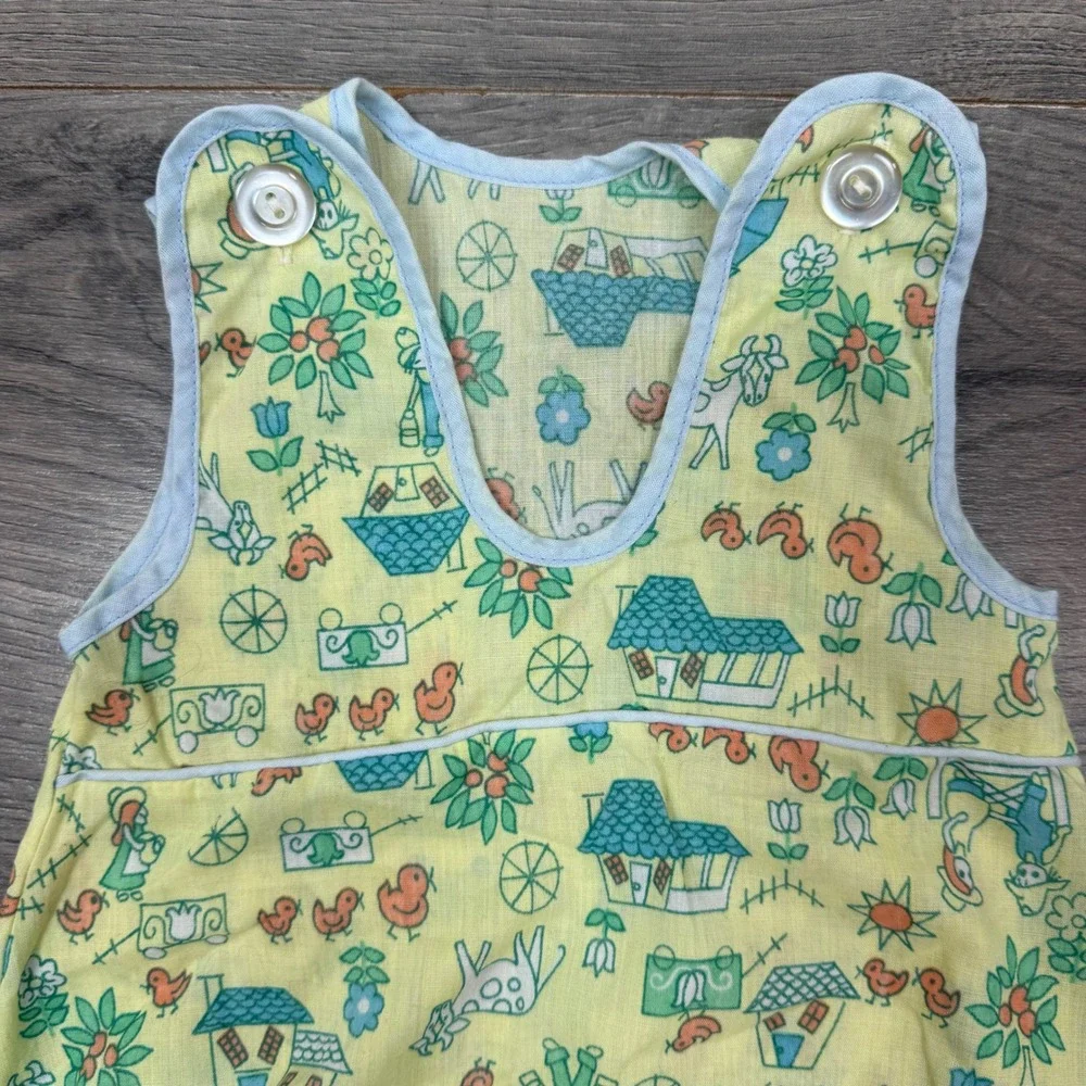 Vintage Baby Romper Farm Animal Print Yellow Cotton One‑Piece 3–6M Cottagecore